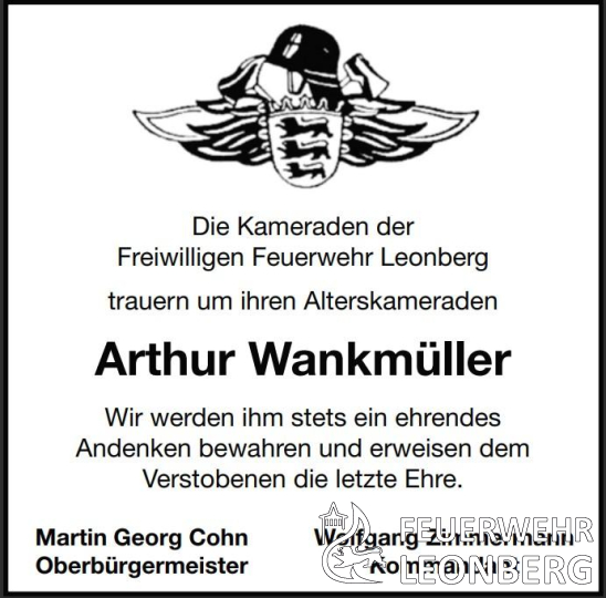 Trauernachricht Arthur Wankmüller