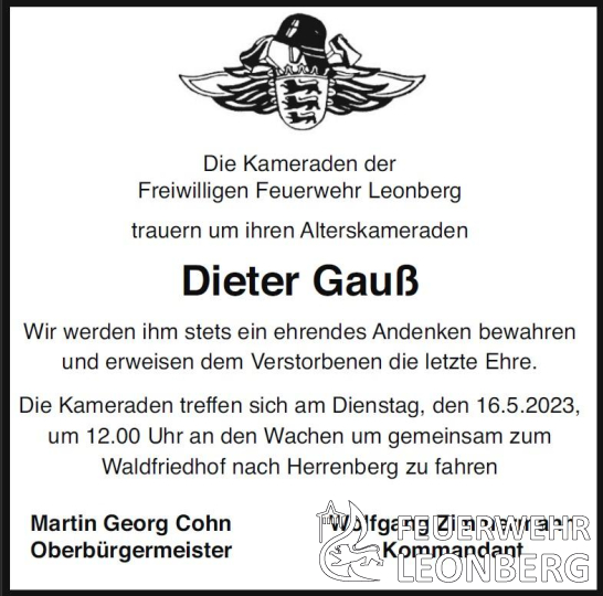 Trauernachricht Dieter Gauß