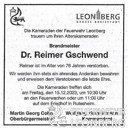Trauernachricht Dr.Reimer Gschwend