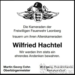 Unser Alterskamerad Wilfried Hachtel aus der Abteilung Leonberg ist am 05.06.2021 im Alter von 64 Jahren verstorben.

Wilfried Hachtel ist am 01.01.1979 der Freiwilligen Feuerwehr Leonberg beigetreten und war 42 Jahre Mitglied.

Wilfried war im Ausschuss der Abteilung Leonberg t&auml;tig. Im Landkreis B&ouml;blingen war er als Kreisausbilder mehrere Jahre aktiv. Bei seiner Feuerwehr Leonberg hat er zahlreiche Lehrg&auml;nge absolviert.

Nach 25 aktiven Jahren wurde ihm 2004 das Feuerwehr-Ehrenzeichen in Silber verliehen.
2015 wechselte Wilfried dann in die Altersabteilung.

Eine kleine Abordnung der Feuerwehrf&uuml;hrung wird Wilfried Hachtel auf seinem letzten Weg zur Seite stehen.
