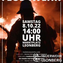 Am Samstag, den 08.10.2022 findet von 14:00 bis 18:00 Uhr der Tag der Feuerwehr auf dem Leonberger Marktplatz statt. Anlass ist die &Uuml;bergabe eines Unimog-Tankl&ouml;schfahrzeuges an die Feuerwehr der Partnerstadt Rovinj durch Oberb&uuml;rgermeister Martin Georg Cohn. 

Programm:
14:00 Uhr &Uuml;bung der Jugendfeuerwehr Leonberg
15:00 Uhr Fahrzeug&uuml;bergabe Unimog
16:00 Uhr &Uuml;bung mit modernen Fahrzeugen
17:00 Uhr &Uuml;bung mit historischen L&ouml;schger&auml;ten 

Auf dem Marktplatz k&ouml;nnen moderne Feuerwehr-
fahrzeuge und die historische Drehleiter besichtigt werden. 

Der Infostand steht unter dem Motto &quot;Tunnel-
br&auml;nde und Vegetationsbrandbek&auml;mpfung&quot;. 
Hier startet auch zu jeder halben Stunde das  L&ouml;schunterst&uuml;tzungsfahrzeug seine Runde &uuml;ber den Marktplatz.   

Das Bistro Domizil und das Restaurant M5 bewirten die G&auml;ste an einem gemeinsamen Stand mit Fleischgerichten, vegetarischen und veganen Speisen. Bei den Getr&auml;nken darf nat&uuml;rlich ein Feuerwehr-Cocktail nicht fehlen.

F&uuml;r die musikalische Unterhaltung sorgt der Schalmeienzug der Feuerwehr Leonberg. (cp) 

